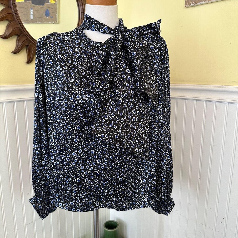 Tory Burch Black Blue High Neck Silky long sleeve blouse bow tie 12